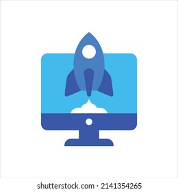 Spaceship launch icon vector graphic illustration in blue