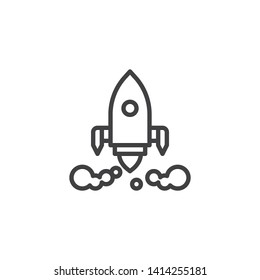 Spaceship launch line icon. linear style sign for mobile concept and web design. Rocket ship with fire outline vector icon. Symbol, logo illustration. Vector graphics