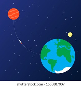 Spaceship launch to Mars planet, cosmos exploring concept. Vector flatstyle illustration.