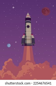 Spaceship launch to outer space, cosmos exploring concept. Space rocket launch. Vector illustration.