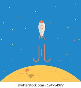Spaceship launch from planet after mission completed scene. Flat vector illustration design