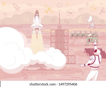 Spaceship Launch at Red Planet Desert Landscape Vector Illustration. Astronaut in Space Suit, Antenna, Cosmic Base Building. Mars Expedition, Exploration, Colonization. Spacecraft Technology