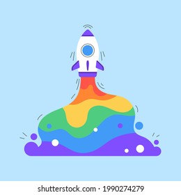Spaceship launch. Rocket flying up with rainbow trail. Pride flag colors. Pride month concept