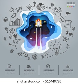 Spaceship launch to space business infographics and diagram, paper art start up concept and success idea, vector art and illustration.