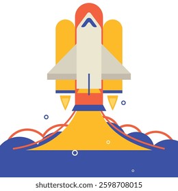 Spaceship launch. Space shuttle on the launch pad. The spacecraft at the beginning of the expedition. Flat vector illustration isolated on white background.