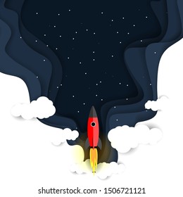 Spaceship launch, vector illustration in paper art style. Paper cut flying red rocket, night sky with stars, fluffy clouds. Space travel, exploration, outer space flight, business project start up.