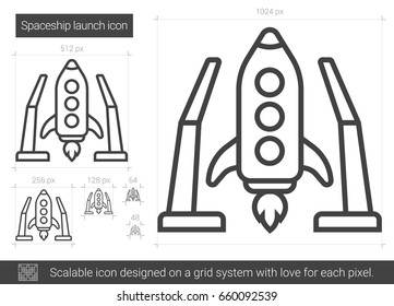 Spaceship launch vector line icon isolated on white background. Spaceship launch line icon for infographic, website or app. Scalable icon designed on a grid system.