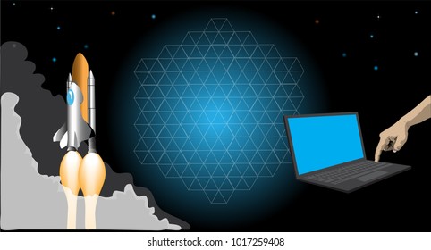 The spaceship is launched by a notebook computer, infographic design.(vector)