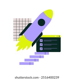 La nave espacial se lanza junto con una ventana de lista de verificación y pasos hacia arriba, simbolizando el progreso y el crecimiento del negocio en un estilo de ilustración plana. Representa el desarrollo y el logro de startups.