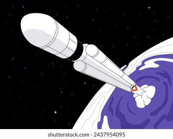 Spaceship launches in the outer space, cosmos. Rocket starts to discover galaxy. Shuttle going to galactic travel. Spacecraft in interstellar journey with universe mission. Flat vector illustration