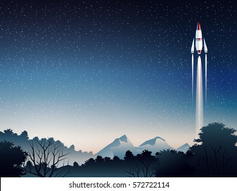 spaceship launching from earth in deep forest when sunset