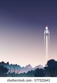 spaceship launching from earth in deep forest when sunrise 2