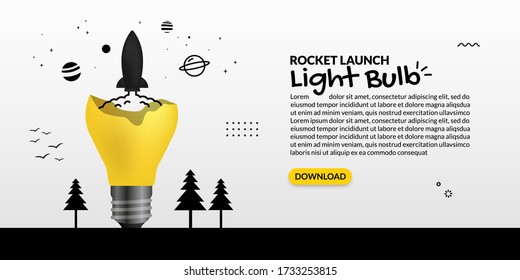 Spaceship launching out from light bulb on white background, business start up concept