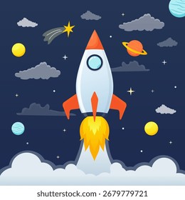Nave espacial que lanza en el espacio exterior con planetas y estrellas
