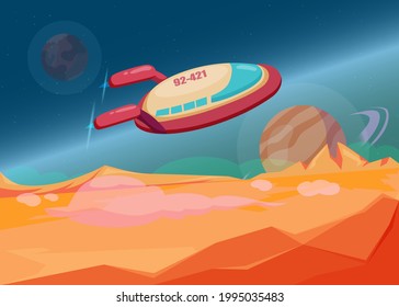 Spaceship leaving planet. Futuristic spacecraft launching, planets, starry sky and galaxy cartoon vector illustration. Space, transport, technology, science fiction, future, astronomy concept