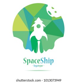 Spaceship logo for sites, startup, green and white design, vector illustration