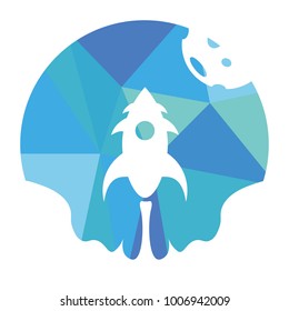 Spaceship low-polly logo for sites, startup, blue and white design, vector illustration