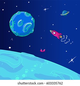 The spaceship maneuvers between planets in a mysterious, unexplored space
