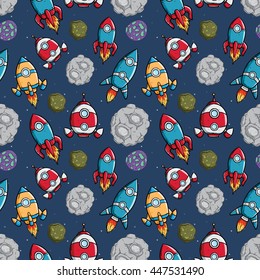 Spaceship with meteorite and star in seamless pattern