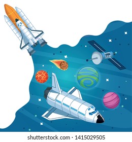 Spaceship in the milkkyway galaxy with planets scenery vector illustration graphic design