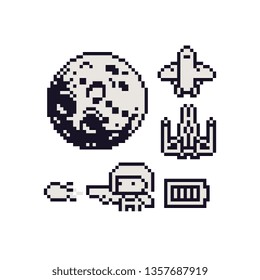 Spaceship Moon and Astronaut firing a blaster, pixel art icons set, element design for logo mobile app, web, sticker. Isolated 80s abstract vector illustration. 1-bit sprites.