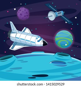 Spaceship in the moon with milkyway planet and satellite vector illustration graphic design