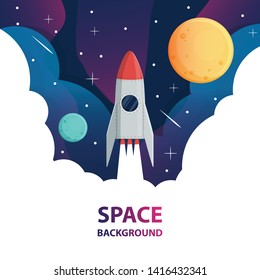 Spaceship and moon in space galaxy background,vector