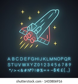 Spaceship neon light icon. Flying spacecraft. Aerospace vehicle. Missile, aircraft. Human spaceflight. Space exploration. Glowing sign with alphabet, numbers and symbols. Vector isolated illustration