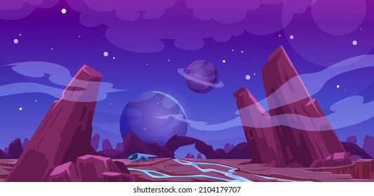 Spaceship on alien planet surface at night. Vector cartoon illustration of futuristic landscape in cosmos with rocks, water stream, shuttle, stars and planets in sky. Fantasy background for space game