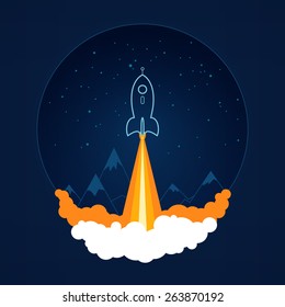 Spaceship on a background of the starry sky and the mountains, spacecraft flying in space, launch space rocket ,vector illustration