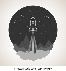 Spaceship on a background of the starry sky and the mountains, spacecraft flying in space, launch space rocket ,black and white vector illustration
