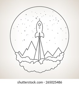 Spaceship on a background of the starry sky and the mountains, spacecraft flying in space, launch space rocket ,black and white vector illustration