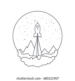 Spaceship on a Background of the Starry Sky and the Mountains, Spacecraft Flying in Space, Launch of a Space Rocket on White Background , Thin Linear Vector Illustration 