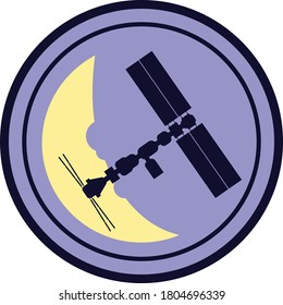 Spaceship on light blue background with yellow moon