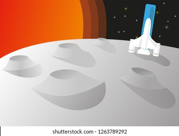 Spaceship on the Moon against the backdrop of the sun