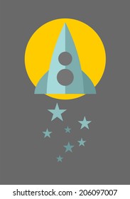 Spaceship on the moon background with blue stars. Vector illustration. 