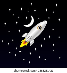 Spaceship on a starry sky background. Flight of the space shuttle in cold space. Astronaut in the porthole on the shuttle.