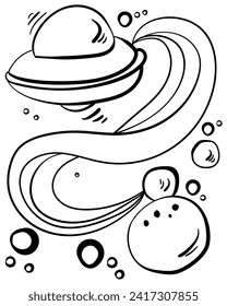 Spaceship in open space between asteroids, UFO coloring page vector illustration for activity