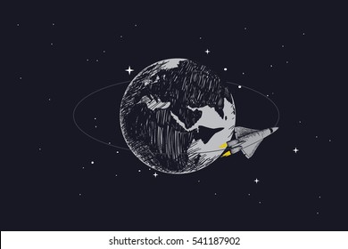 spaceship orbiting around the Earth.Hand drawn vector illustration