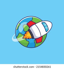 Nave espacial orbitando el icono de la caricatura de la Tierra sobre fondo azul