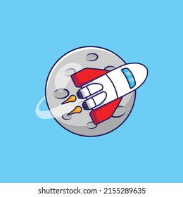 Spaceship orbiting the moon cartoon icon on blue background