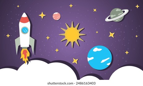 A spaceship in outer space is flying among the planets, a flat illustration of childrens doodles