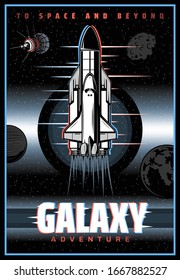 Spaceship outer space and galaxy exploration retro poster with glitch effect. Space explorer adventure vector vintage card with spaceship shuttle on orbit, mars planet, moon and satellite in universe