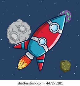 Spaceship in outer space with meteorite or asteroid and star background