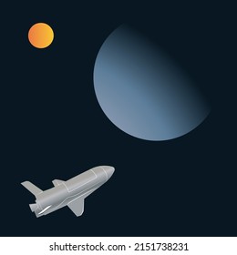 A spaceship in outer space. A planet and a solar system in space. Vector illustration.