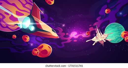 Spaceship in outer space with planets in starry sky with nebula and flying galaxy city or station with high towers. Cosmos, universe futuristic fantasy view for pc game. Cartoon vector illustration