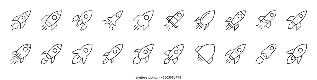 Spaceship Outline Icon Collection. Editable Stroke. Perfect for Infographics, Articles, Books, Flyers, Banners