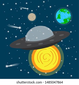 Spaceship over space background with sun, moon and earth planet - Vector