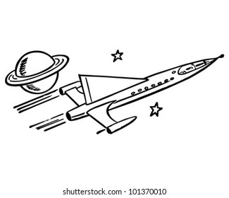 Spaceship Passing Saturn - Retro Clipart Illustration