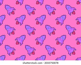 Spaceship pixel art seamless pattern. Space rocket 8 bit graphics video games 90s. Design for printing, wrapping paper and advertising. Vector illustration